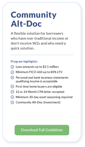 Community Alt-Doc. A flexible solution for borrowers who have non-traditional income or don’t receive W2s and who need a quick solution. Program highlights: Loan amounts up to $2.5 million. Minimum FICO 660 up to 80% LTV. Personal and bank business statements qualifying income is acceptable. First time home buyers are eligible. 12 or 24 Month CPA letter accepted. Minimum 30-day asset seasoning required. Community Alt-Doc (Investment).