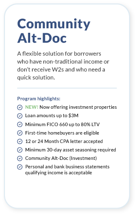 Community Alt-Doc. A flexible solution for borrowers who have non-traditional income or don’t receive W2s and who need a quick solution. Program highlights: Loan amounts up to $2.5 million. Minimum FICO 660 up to 80% LTV. Personal and bank business statements qualifying income is acceptable. First time home buyers are eligible. 12 or 24 Month CPA letter accepted. Minimum 30-day asset seasoning required. Community Alt-Doc (Investment).