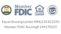 Equal Housing Lender NMLS ID 812294, Member FDIC Routing Number: 244170259. Icons: Member FDIC, Equal Housing Lender, CDFI